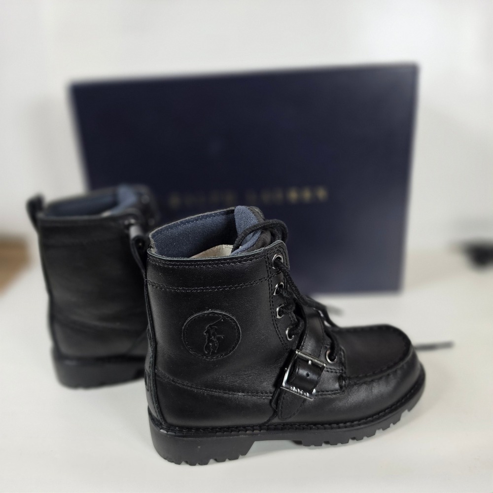 Polo Ralph Lauren Kids Ranger Black Leather Moc Toe Buckle Lace Up Boots